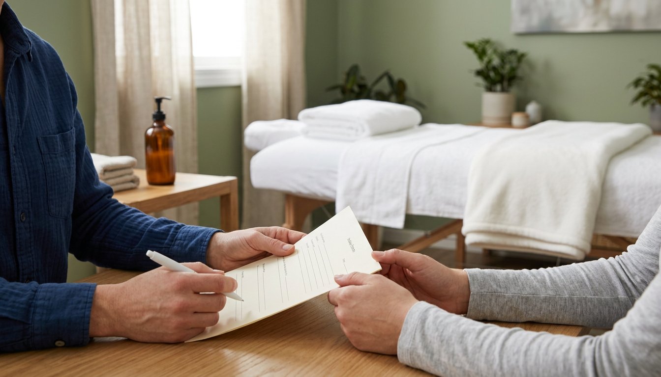 Vorgespräch mit leerem Formular und Stift neben einer Massageliege mit Handtüchern