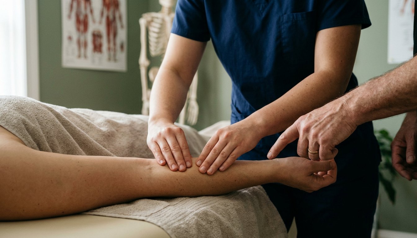 Auszubildende üben in einer Massageschule den Tastbefund am Unterarm