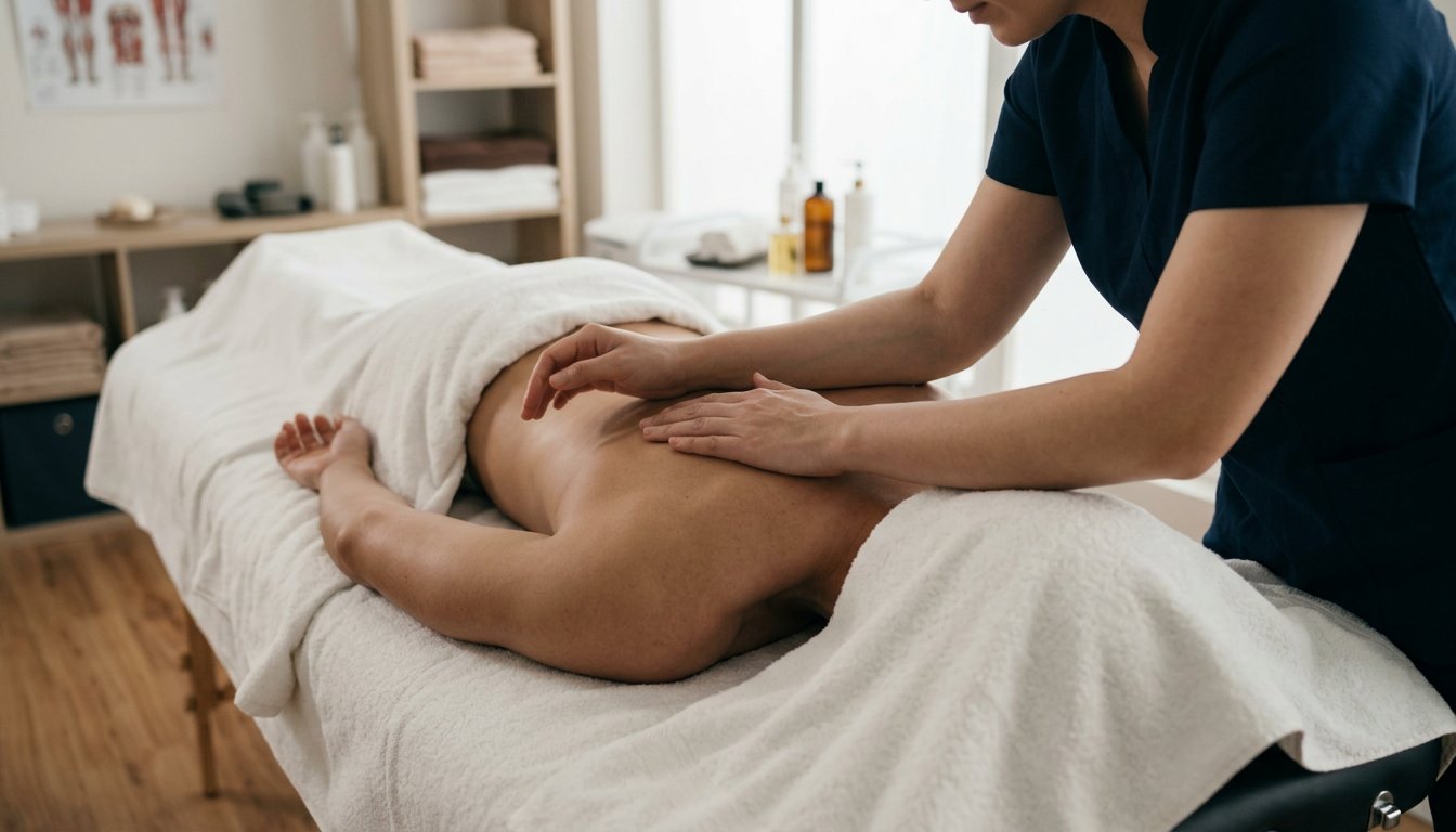 Therapeutin arbeitet mit dem Unterarm langsam am oberen Rücken einer zugedeckten Person