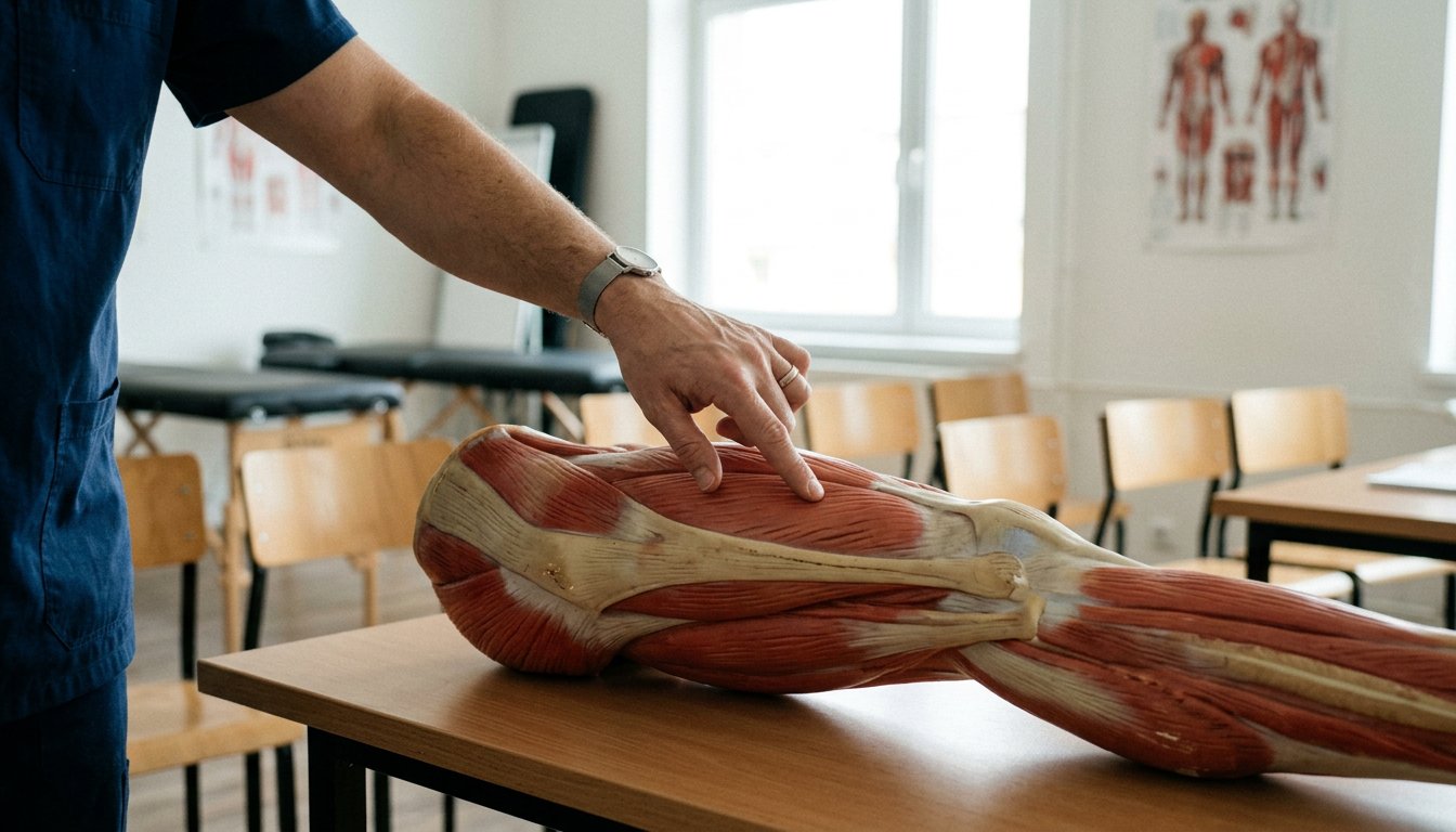 Anatomisches Modell eines Oberschenkels mit Muskel- und Bindegewebsschichten im Unterrichtsraum einer Massageschule