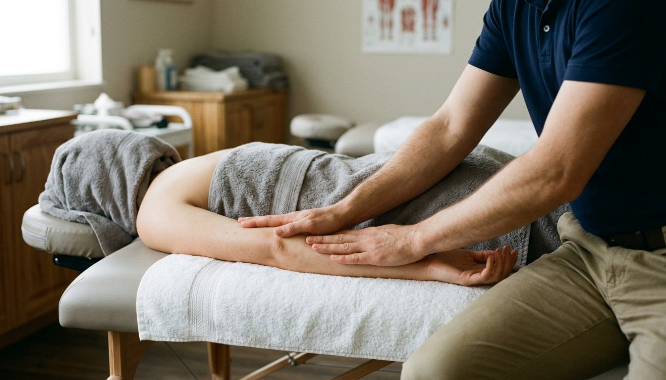 Flache Hände einer Therapeutin dehnen langsam den auf einem Handtuch liegenden Unterarm einer Person
