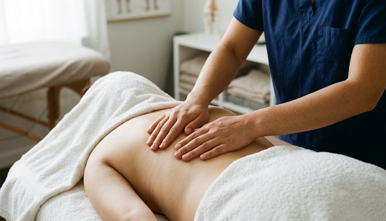 Flache Hände üben langsamen, flächigen Druck neben dem Schulterblatt einer abgedeckten Person auf der Massageliege aus