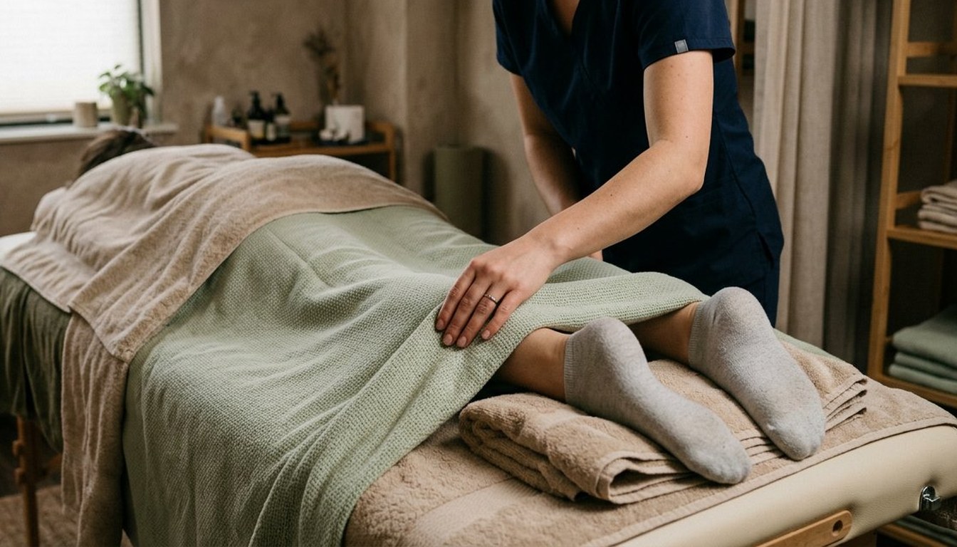 Füße einer ruhenden Person sind mit einem Handtuch bedeckt, eine Hand legt eine Decke über die Unterschenkel