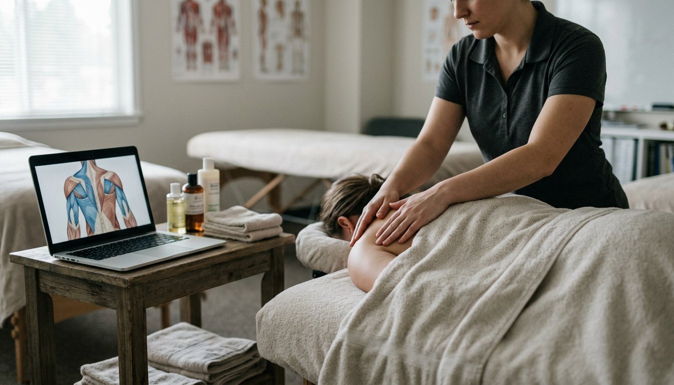 Laptop mit anatomischer Abbildung neben einer Massageliege, Hände auf einem mit Handtuch bedeckten Rücken