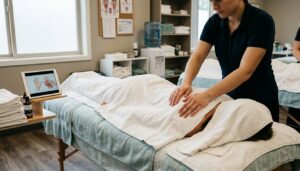 Tablet mit pausiertem Lehrvideo neben einer Massageliege, Hände einer Auszubildenden auf einem mit Handtuch bedeckten Rücken