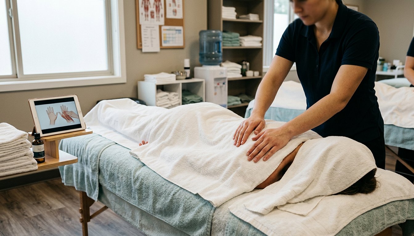 Tablet mit pausiertem Lehrvideo neben einer Massageliege, Hände einer Auszubildenden auf einem mit Handtuch bedeckten Rücken