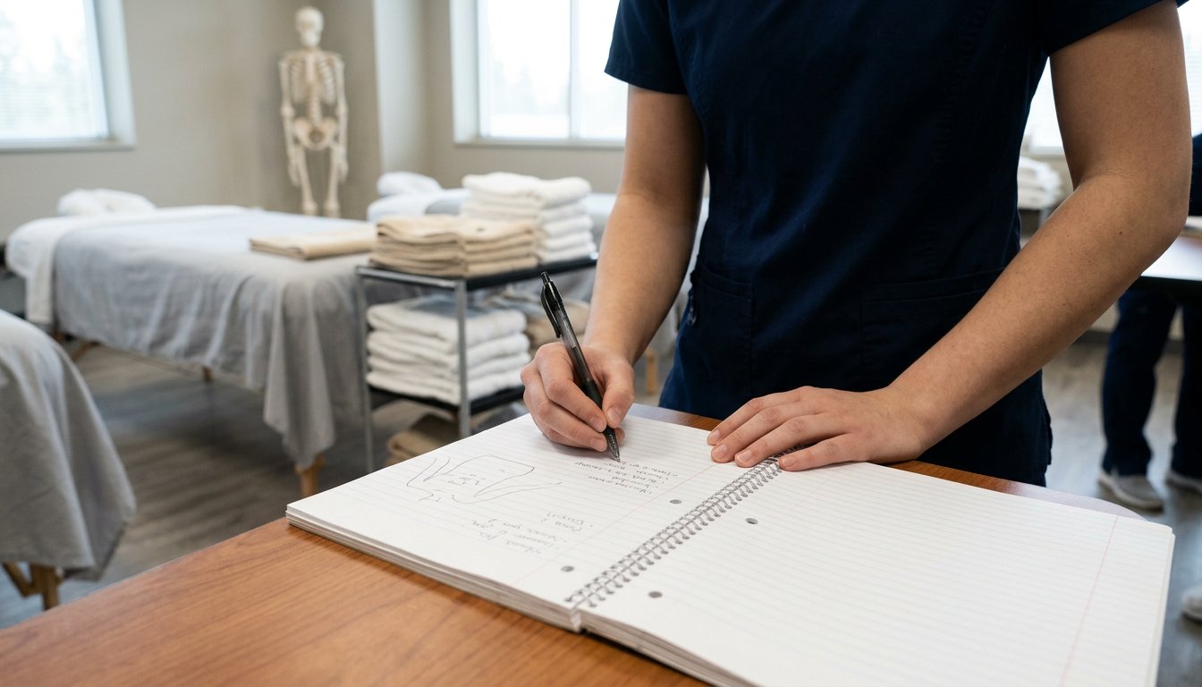 Unterrichtsraum einer Massageschule mit Skelettmodell, Behandlungsliegen und gefalteten Handtüchern