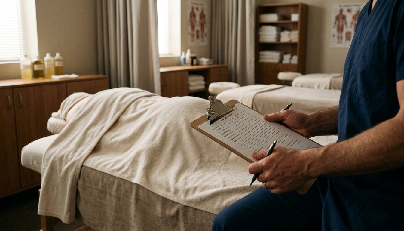 Hände halten ein Klemmbrett mit einem Gesundheitsfragebogen neben einer Massageliege