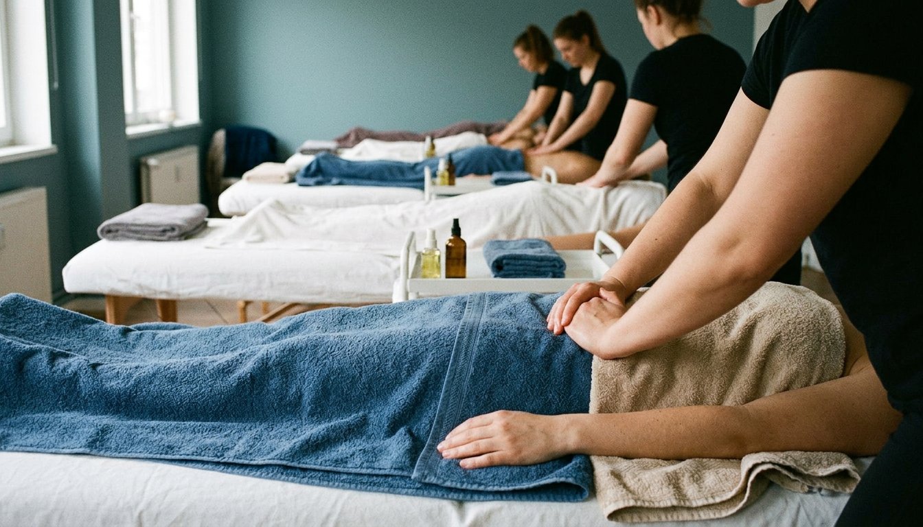 Übungsraum einer Massageschule mit mehreren Liegen, an denen Teilnehmende paarweise Knetungen am Unterarm üben