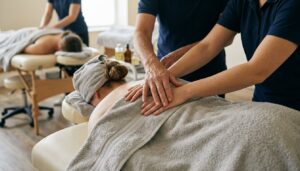Ausbilderin führt in einem Kursraum die Hände eines Teilnehmers bei einer Massage am oberen Rücken