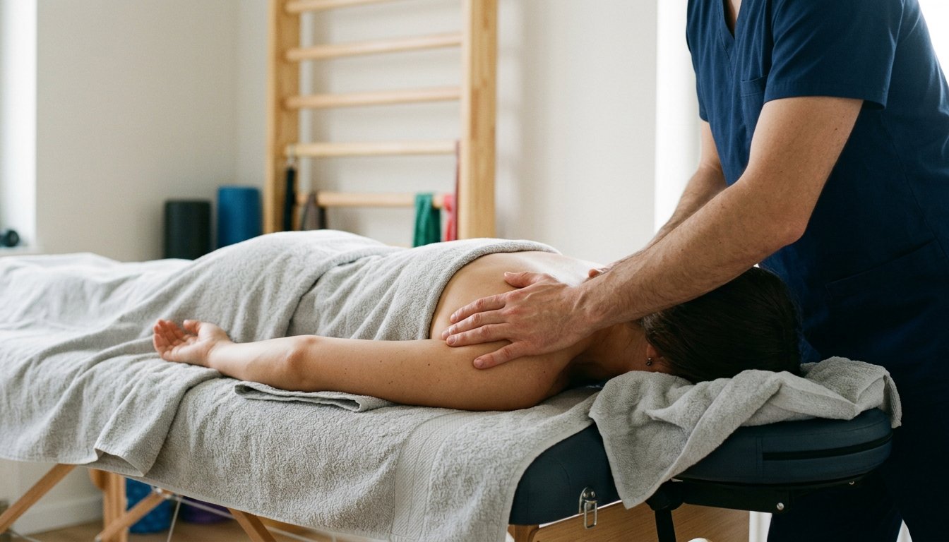 Klassische Massage im Schulterbereich auf einer Behandlungsliege in einer Physiotherapiepraxis