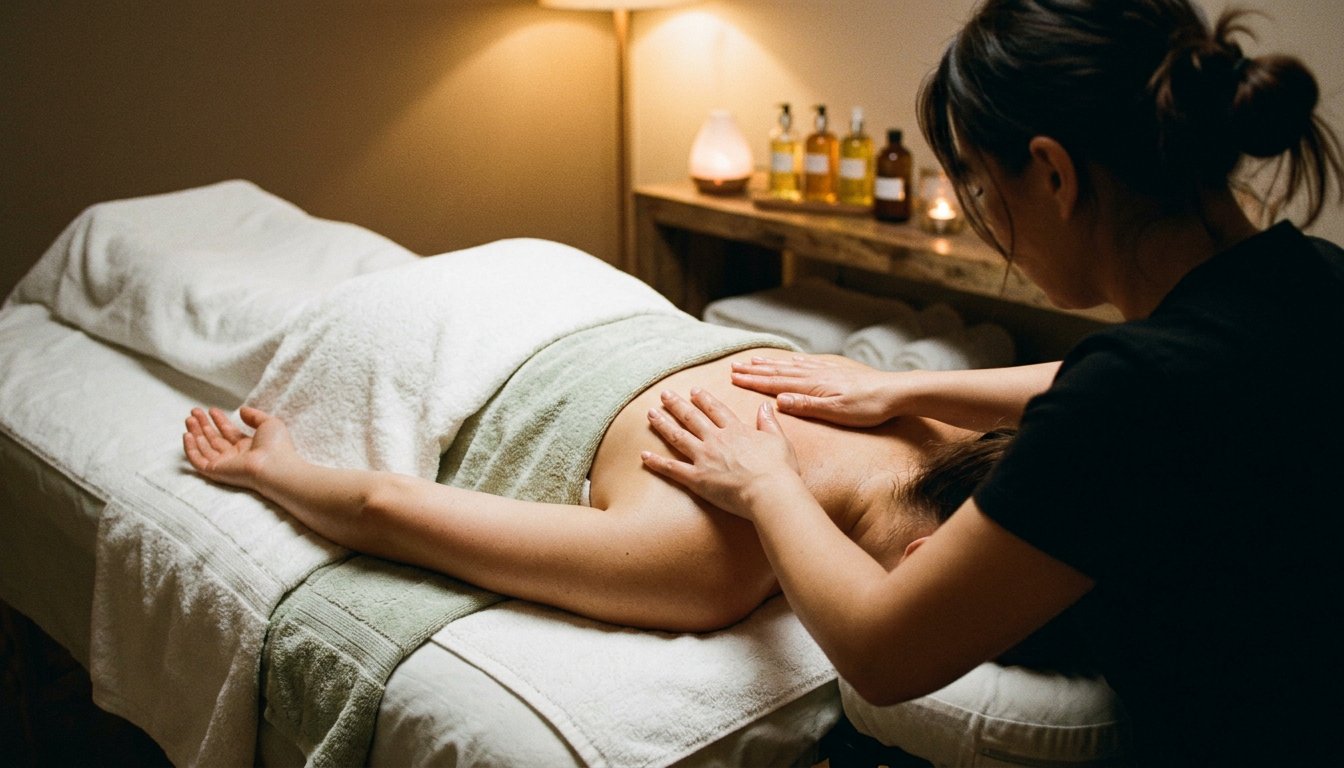 Wellnessmassage in einem abgedunkelten Spa-Raum, im Hintergrund Ölflaschen auf einem Holzregal