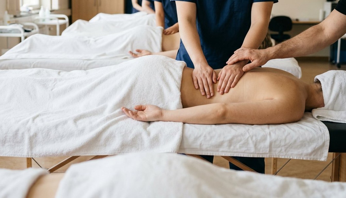 Praktischer Unterricht in einer Massageschule: Auszubildende üben an mehreren Behandlungsliegen