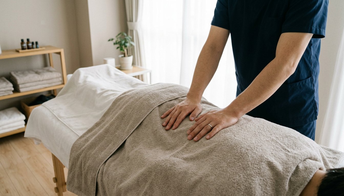Hände einer Therapeutin auf dem mit Handtüchern abgedeckten Rücken einer Person in einem hellen Behandlungsraum